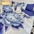 Lenjerie pat dublu, FINET, Imprimeu Digital 5D - Identic cu poza, Cu ELASTIC, 6 piese, Jojo Home, Alb, Bleu, Bujori [3]