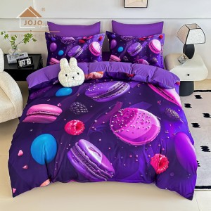 Lenjerie pat dublu, FINET, Imprimeu Digital 5D - Identic cu poza, Cu ELASTIC, 6 piese, Jojo Home, Mov, Macarons