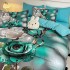 Lenjerie pat dublu, FINET, Imprimeu Digital 5D - Identic cu poza, Cu ELASTIC, 6 piese, Jojo Home, Turquoise, Trandafiri [3]