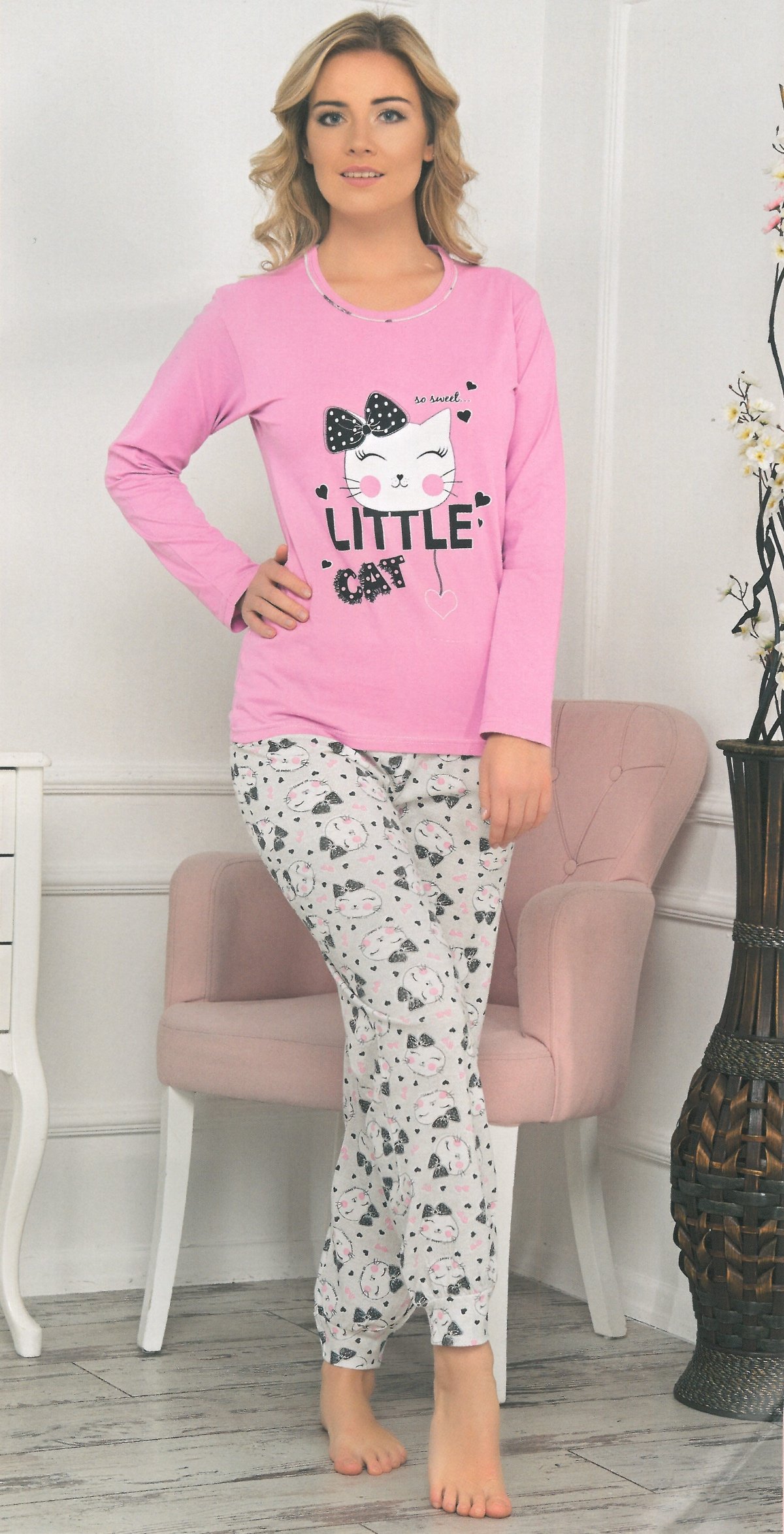 Pijama dama din 100% BUMBAC cu pisicuta alb-roz deschis