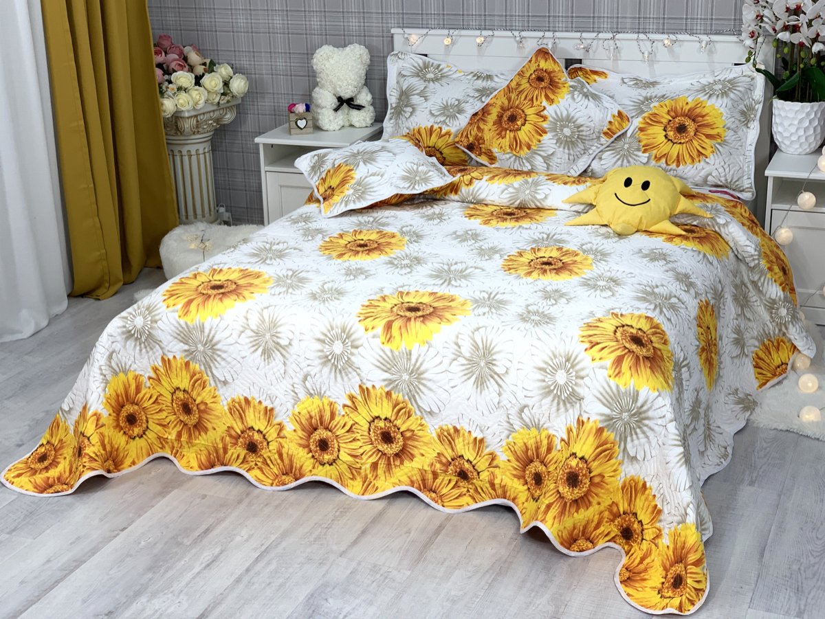 Cuvertura pat dublu cu 5 piese din bumbac 100% imprimat 230x250cm Sunflowers