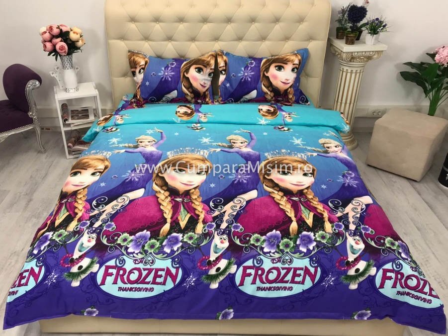 Lenjerie Disney de pat dublu din FINET cu 4 piese Frozen Princesses