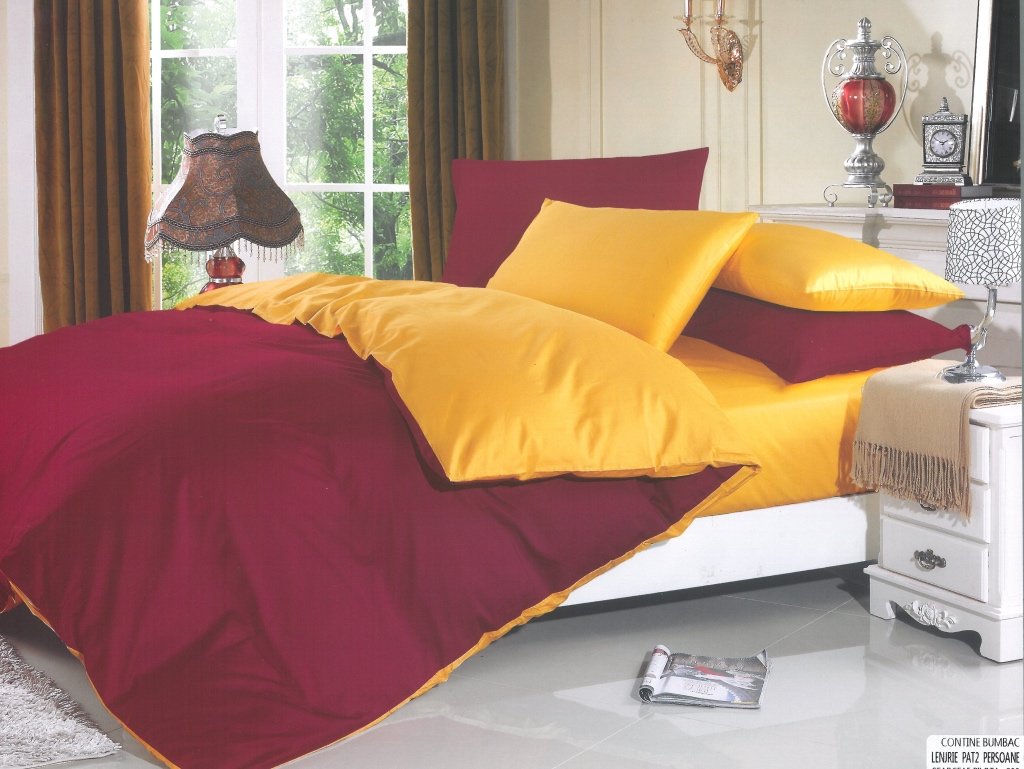 Lenjerie de pat din bumbac satinat gros Super Elegant Pucioasa cu 6 piese Bicolor Grena - Galben