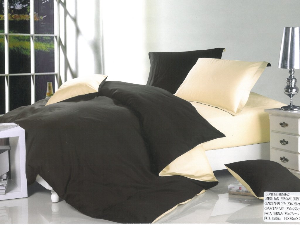 Lenjerie de pat din bumbac satinat gros Super Elegant Pucioasa cu 6 piese Bicolor Maro - Crem
