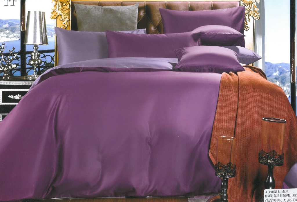 Lenjerie de pat din bumbac satinat gros Super Elegant Pucioasa cu 6 piese Bicolor Mov - Violet