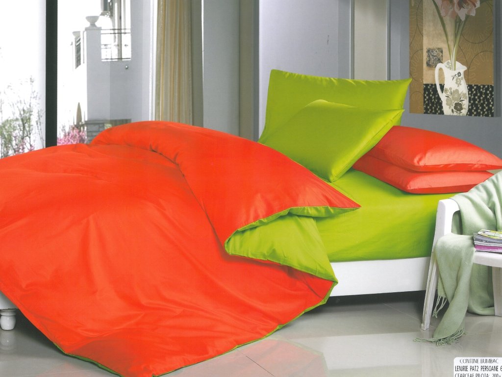 Lenjerie de pat din bumbac satinat gros Super Elegant Pucioasa cu 6 piese Bicolor Portocaliu - Verde