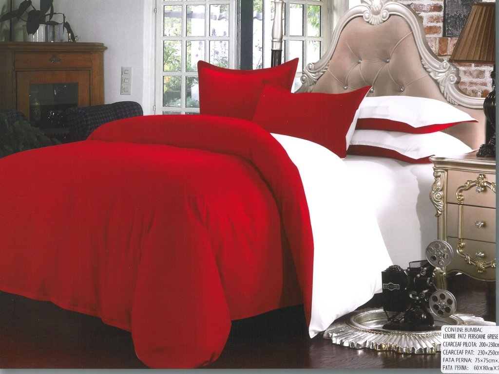 Lenjerie de pat din bumbac satinat gros Super Elegant Pucioasa cu 6 piese Bicolor Rosu - Alb