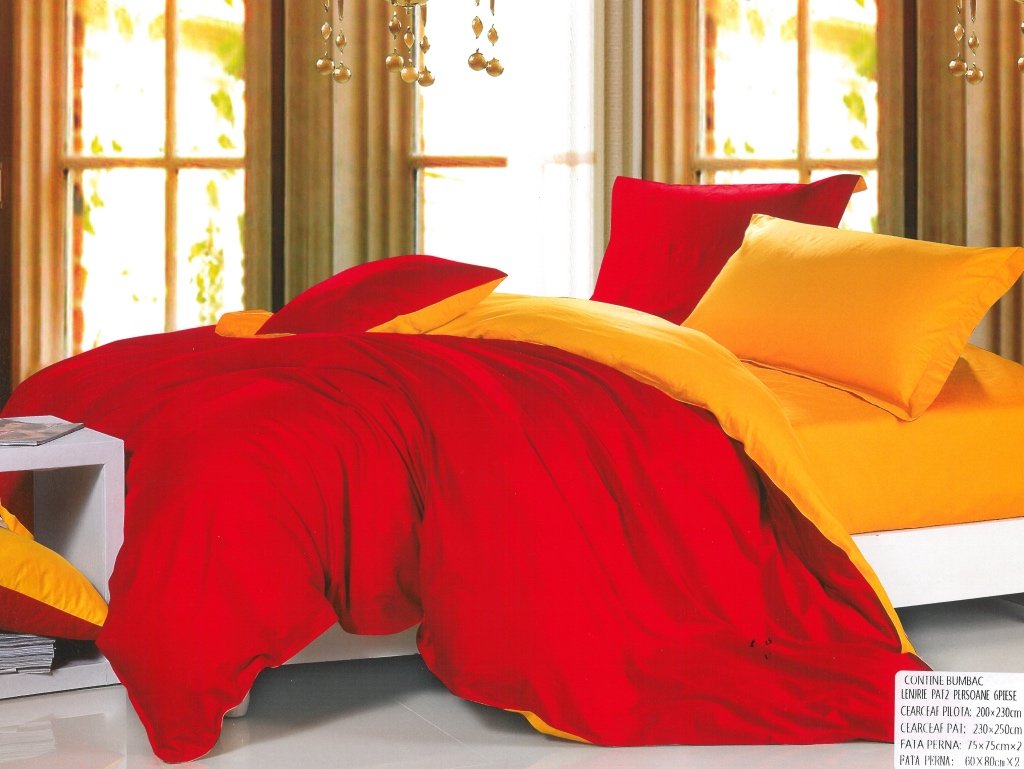 Lenjerie de pat din bumbac satinat gros Super Elegant Pucioasa cu 6 piese Bicolor Rosu - Portocaliu
