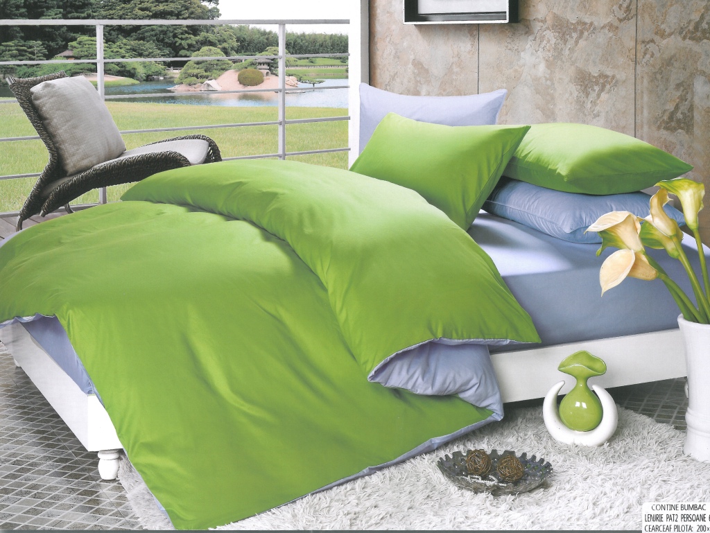 Lenjerie de pat din bumbac satinat gros Super Elegant Pucioasa cu 6 piese Bicolor Verde - Bleu