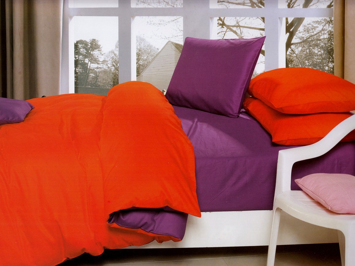 Lenjerie de pat din bumbac satinat gros Super Elegant Pucioasa cu 6 piese Bicolor PORTOCALIU - MOV