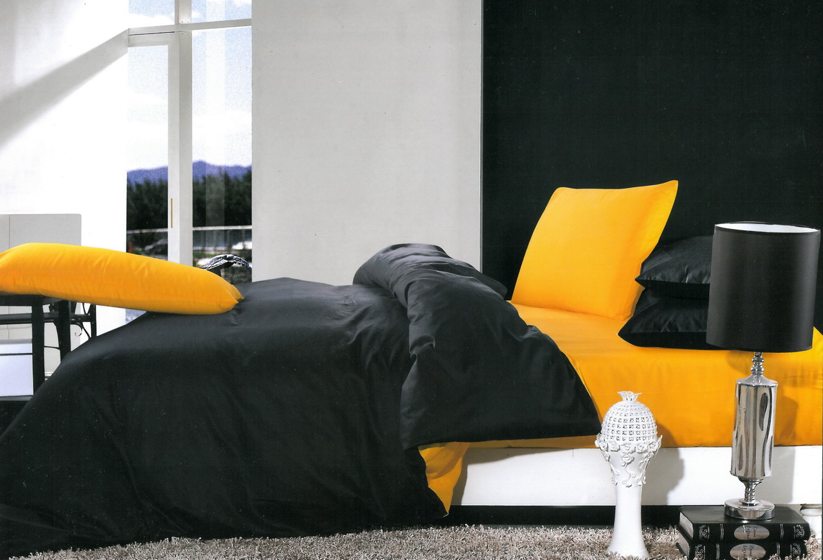 Lenjerie de pat din bumbac satinat gros Super Elegant Pucioasa cu 6 piese Bicolor NEGRU - GALBEN