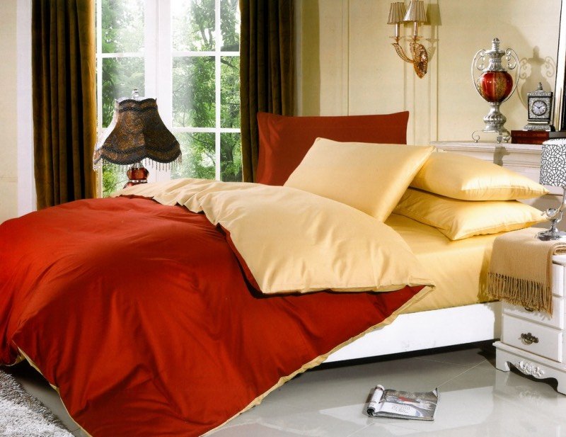 Lenjerie de pat din bumbac satinat gros Super Elegant Pucioasa cu 6 piese Bicolor CARAMIZIU - BEJ
