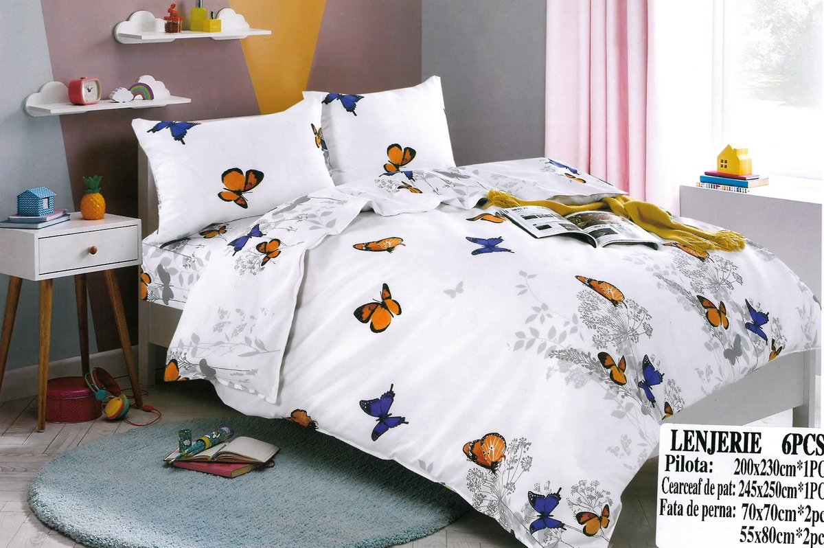 Lenjerie pat dublu cu doua fete FINET 6 piese Butterfly White